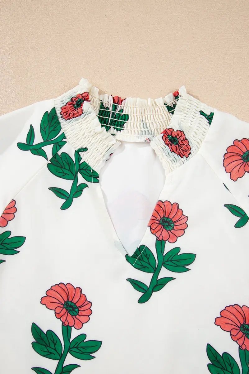 Beige Floral Print Shirred Split Neck Short Sleeve Blouse for Women - Love Salve